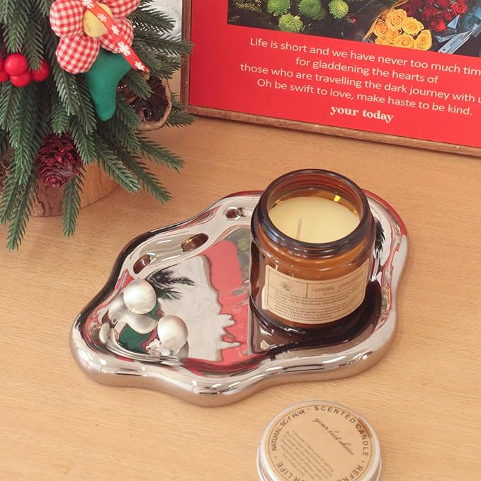 Ceramic Jewelry Tray Trinket Dish, Decorative Cloud Vanity Key Tray for Women, Ring Holder Dish, Cute Jewelry Plate Bowl Room Decor Aesthetic, Silver, Large