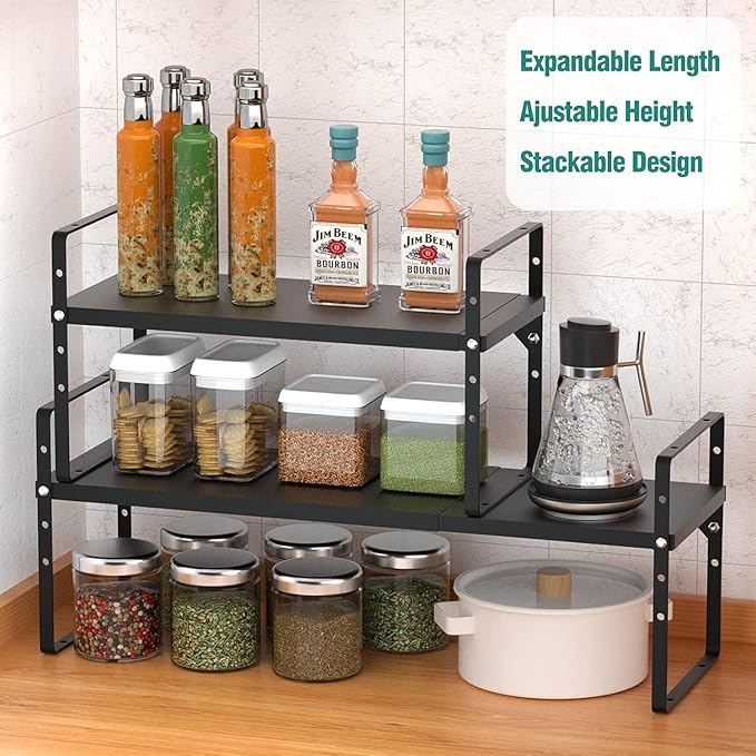 Expandable Cabinet Shelf Organizer Rack, Stackable Kitchen Counter Storage Shelves Stand, Adjustable Height Pantry Shelf Spice Rack, Heavy Duty Nonslip Black Small 3Pack