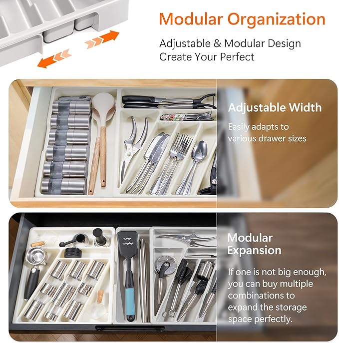 Li&Zhao Silverware Organizer - Expandable Kitchen Drawer Organizer Cutlery Drawer Organizer Flatware Organizer for Drawer Utensil Tray for Kitchen Plastic Silverware Holder for Spoons Knives Forks