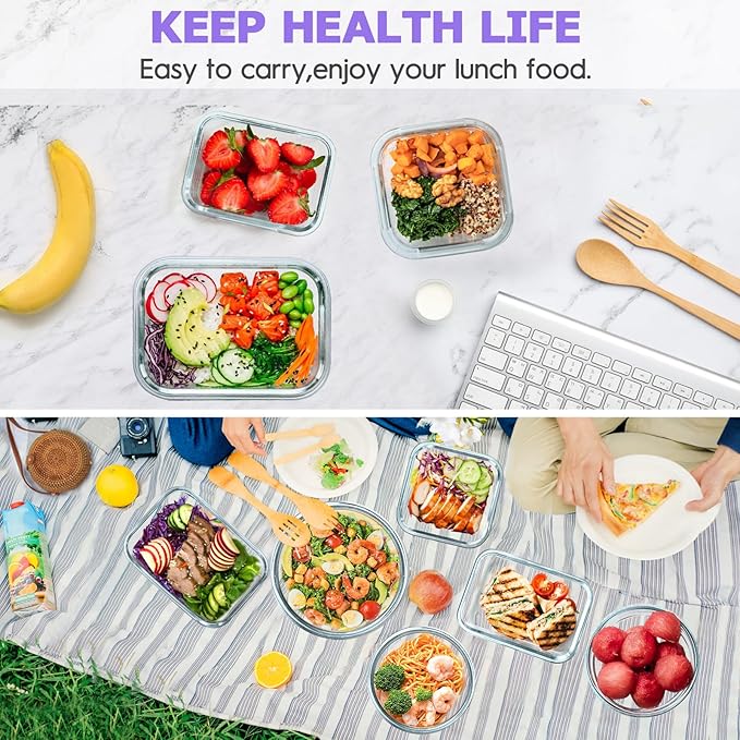 34pcs Glass Food Storage Containers with Lids Set, Airtight Glass Meal Prep Containers (17 Containers & 17 Lids), Leak Proof Lunch Containers BPA-Free, Microwave, Oven, Freezer, Dishwasher Safe-Purple