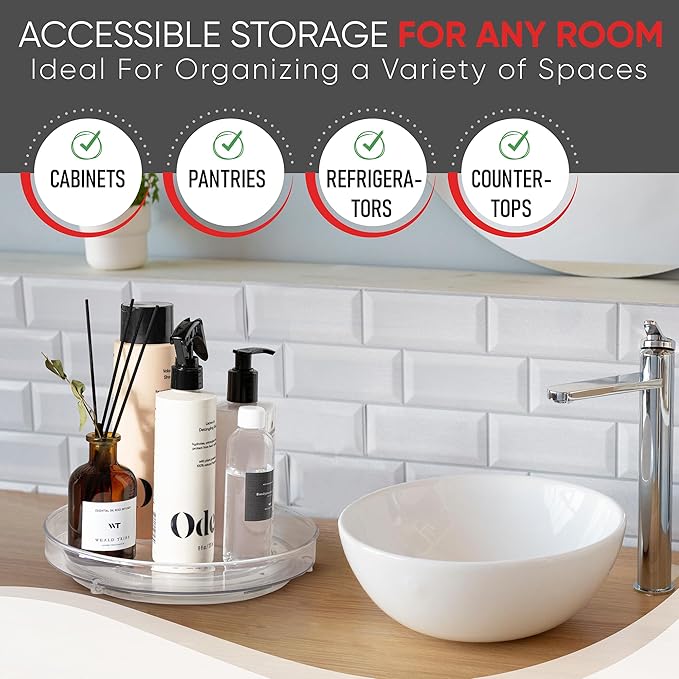 Oizeir Clear Lazy Susan Turntable Organizer (Pack of 4) 9 Inch Acrylic Rotating Storage for Cabinet, Pantry, Fridge, Bathroom, and Vanity Countertops