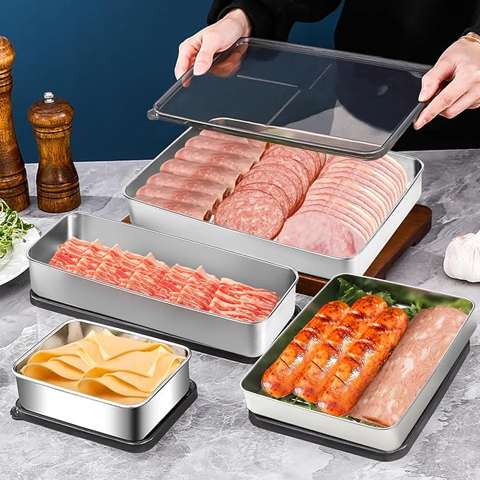 3Pack Bacon storage container for fridge,304 Stainless Steel Airtight Deli meat container/Kitchen Meat Saver Storage Container (2 Pack M+1 Pack L)