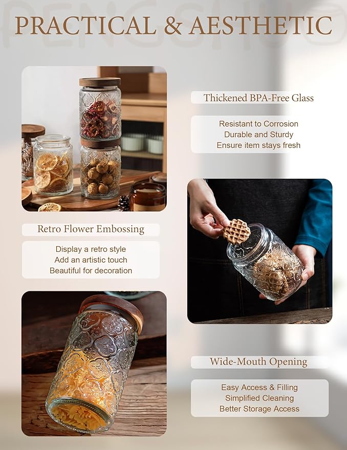 Vintage Glass Jar with Lid – Airtight Container for Ground Coffee, Flour, Cookies, Candy, Glass Canisters for Kitchen and Pantry Storage, Begonia, 24oz