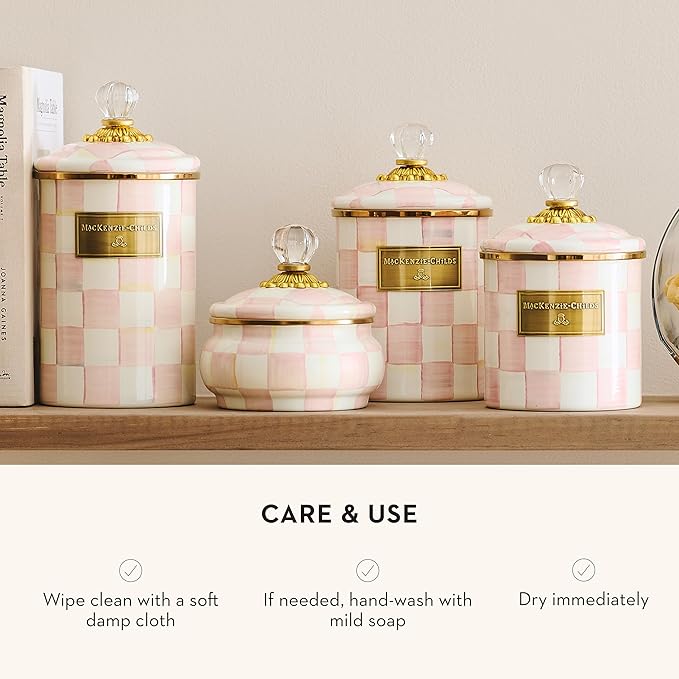 MACKENZIE-CHILDS Small Enamel Canister, Kitchen Storage Container for Flour and Sugar, 38 Ounces, Pink-and-White Rosy Check