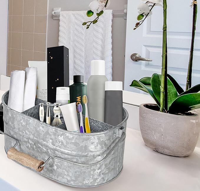 Alpha Living Home - Galvanized Metal Utensil Caddy – Rustic Farmhouse Organizer for Kitchen, Buffet & Outdoor Events, 13.5"x10"x5.5" with Removable Handle & Multi-Compartment Storage
