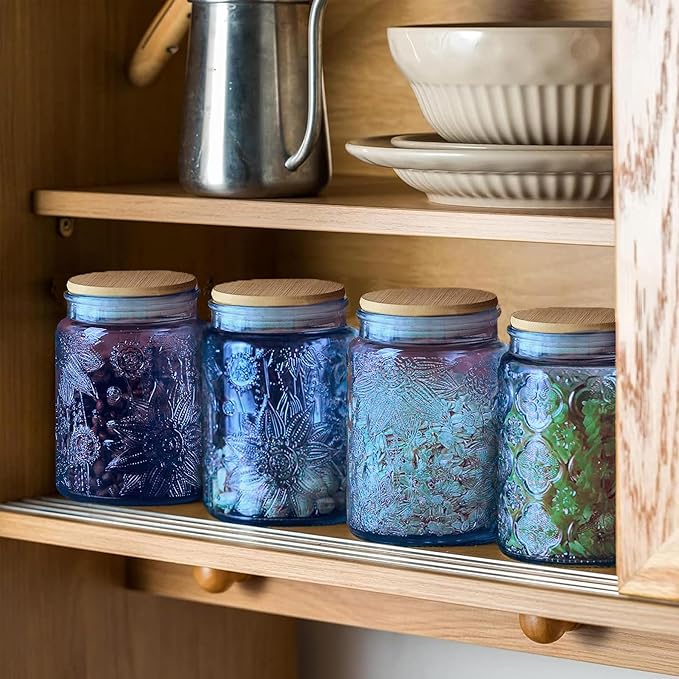 Blue Vintage Glass Candy Jar with Airtight Bamboo Lid, 23.7oz Kitchen Storage Canister for Sugar, Coffee, Tea, Cookies, Bath Salt - Decorative Mason Jar for Pantry & Counter(Blue, 23.7 fl oz)