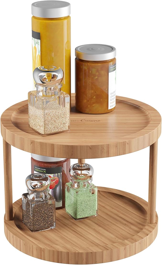 Classic Cuisine Lazy Susan – All-Natural Bamboo Round Two Tier Turntable Kitchen, Pantry and Vanity Organizer and Display with 10 Inch Diameter