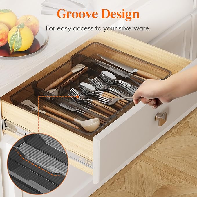 Lifewit Silverware Organizer for Kitchen Drawer, Expandable Utensil Tray for Spoons Forks Knives, Adjustable Flatware Cutlery Holder Storage, Large, Black