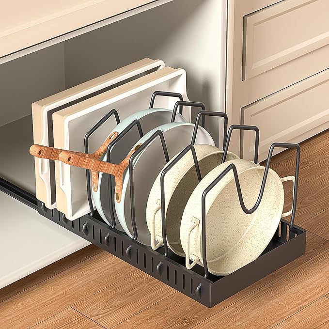 GoMaihe Pots and Pans Organizer Under Cabinet 1 Pack - For Kitchen Pot Lid Bakeware Dishes Pots and Pans Storage - Pull-out Kitchen Cabinet Organizer Rack with Slide Rails Black