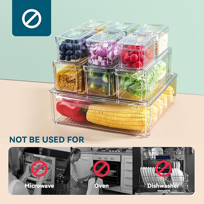 10 Pack Clear Fridge Organizer, Stackable Refrigerator Organizer Bins with Lids, Fridge Storage Containers for Kitchen, Food, Cabinets, Fruits, Vegetables, Cereals