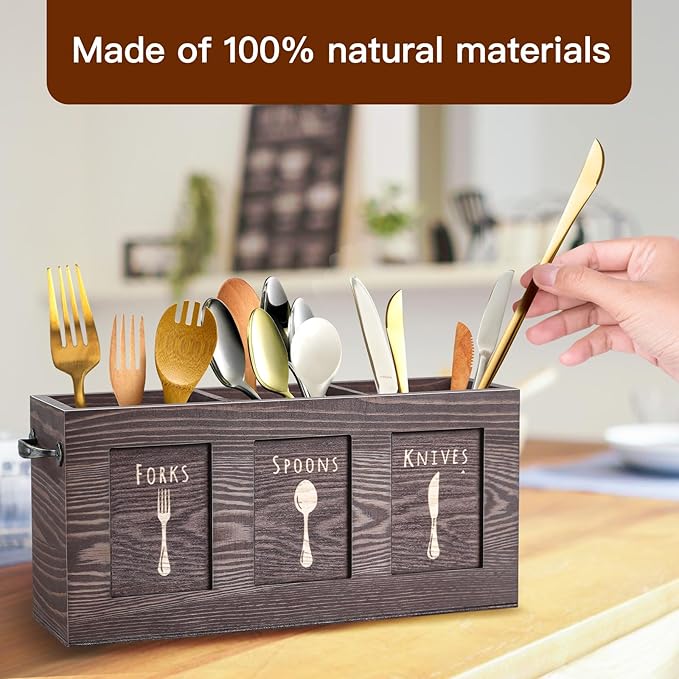 Wood Flatware, Cutlery, Kitchen Utensil & Silverware Caddy Organizer Bin Holder for Kitchen Countertop, Perfect for Forks, Spoons, Knives