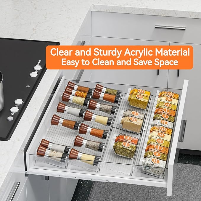 Clear Acrylic Spice Drawer Organizer, 4 Tier- 8 Pcs Spice Organization for Cabinet, Seasoning Organizer, Spice Rack for Drawer, Spice Drawer Expandable From 11'' to 22''