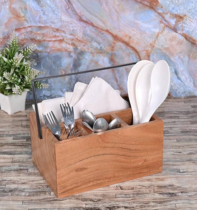 NIRMAN Acacia Silverware Flatware Organizers with Handle for Farmhouse Kitchen Decor, Countertop Organizer and Cookware Storage (9" x 6" x 4.5")