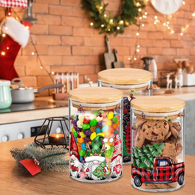 3 Pack Christmas Glass Storage Jars With Airtight Bamboo Lid Gnome Red Truck Canister Sets for Kitchen Countertop Decor Cookie Jars Candy Containers