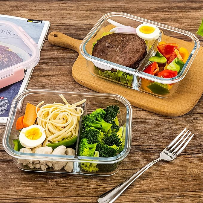 C CREST Glass Meal Prep Containers 2 Compartment Set, 5-Pack, 34oz, Glass Bento Boxes for Adults, Divided Glass Lunch Containers with Lids