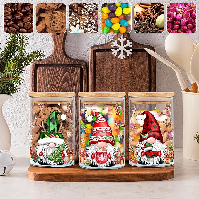 3 Pack Christmas Glass Storage Jars With Airtight Bamboo Lid Gnome Snowflakes Canister Sets for Kitchen Countertop Decor Cookie Jars Candy Containers