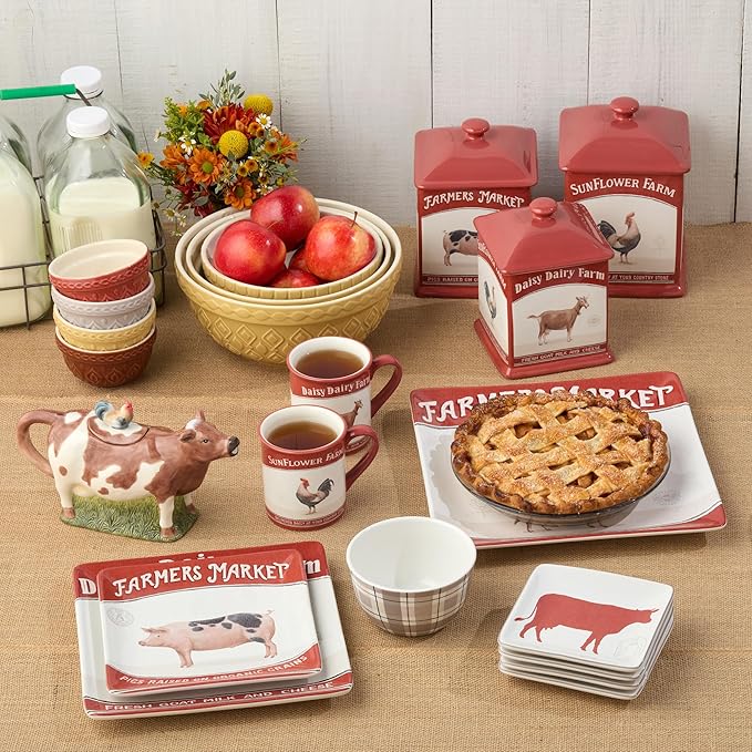 Vintage Farm Square Canister Set, 3-Piece, Includes 52 oz, 72 oz & 90 oz Sizes, Farmers Market Design with Farm Animals, Durable Ceramic, Rustic Farmhouse Kitchen Storage for Coffee, Sugar & Flour