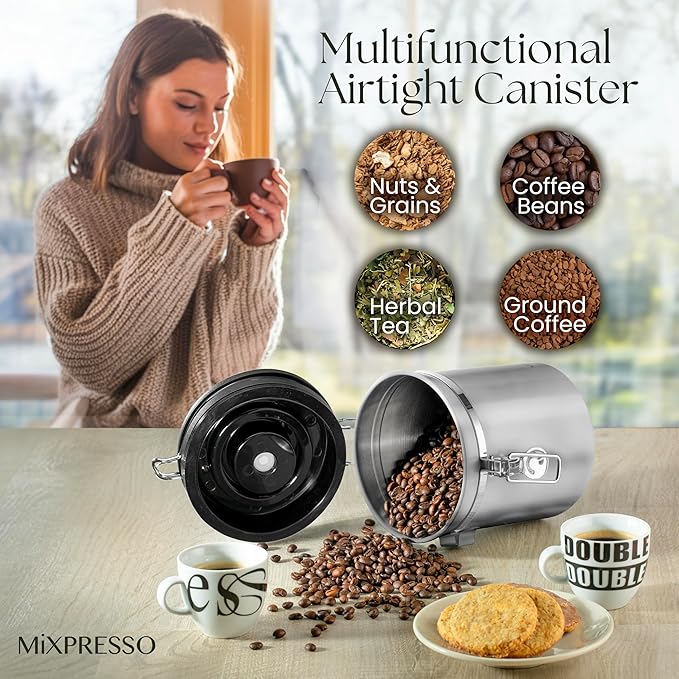 Mixpresso 16 Oz Coffee Canister with Scoop Stainless Steel Airtight Coffee Container, Ground Coffee Bean Storage with Date Tracker, Vacuum Sealed Espresso Airtight Container Coffee Jar Sugar Container