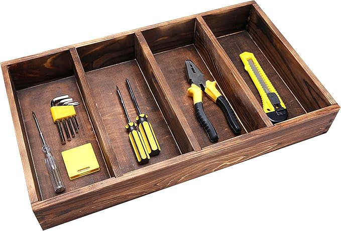 MyGift Burnt Wood Drawer Organizer Tray with 4 Slots, Multipurpose Utensil, Cutlery, Tools Wooden Bin