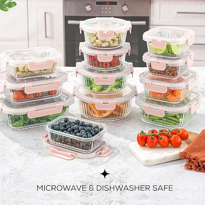JoyJolt 24pc Fluted Glass Storage Containers with Lids. 12 Airtight, Freezer Safe Food Storage Containers, Pantry Kitchen Storage Containers, Glass Meal Prep Containers for Lunch