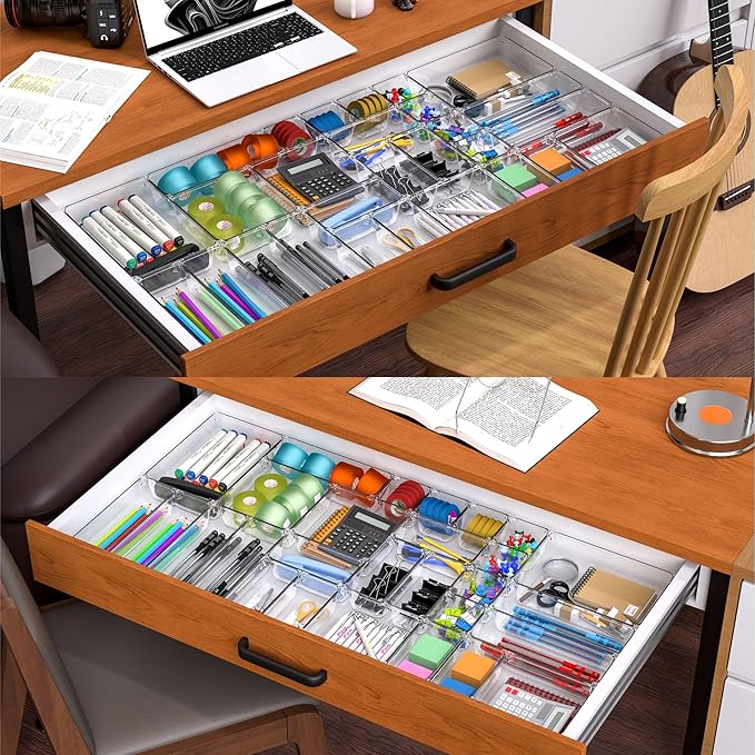 25 Pcs Clear Plastic Drawer Organizer Set,4 Sizes Small Organizer Bins for Bathroom,Office,Kitchen Cabinet and Vanity Organizers for Jewelry,Cosmetic,Gadgets Utensil In Drawer Organizer Trays