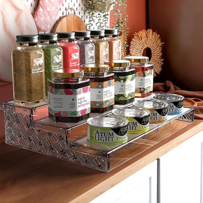 Simple Houseware 3 Tier Plastic Spice Shelf For Countertop and Cabinet Storage Organizer, 2 Pack, Clear
