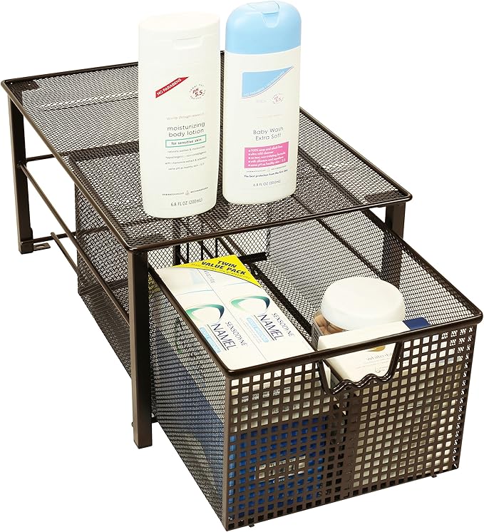 Deco Brothers Stackable Pull Out Cabinet Sliding Basket with Dividers, Large, Bronze