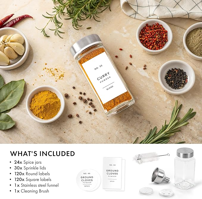 Glass Spice Jars with Label and Stainless Steel Lids (24 x 4oz) Spice Containers with 240 Labels, Shaker Inserts, Steel Funnel, Empty Square Empty Square Seasoning Organizer