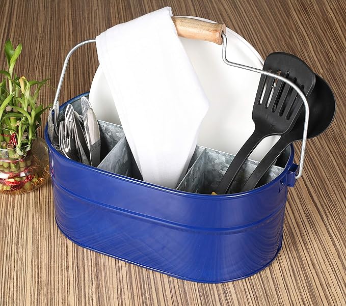 Alpha Living Home 4-Section Galvanized Utensil Caddy – Cobalt Blue Farmhouse Organizer with Removable Handle, 13.5"x10"x5.5" – Versatile Storage for Kitchen, Outdoor & Party Essentials