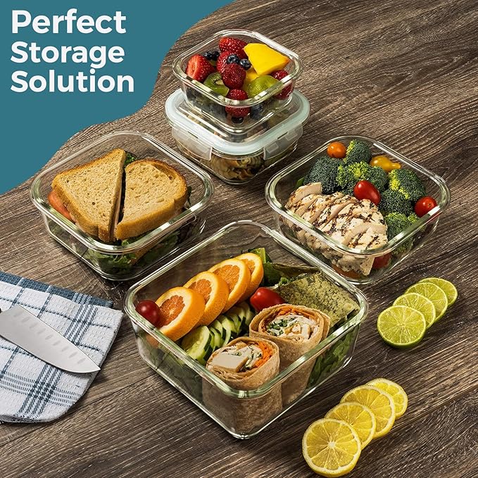 Razab 10 Pcs Glass Food Storage Containers with Lids โ 74, 40, 27 & 18 Oz | Glass Meal Prep Containers Reusable | Lunch Containers with Lids, BPA-free freezer storage