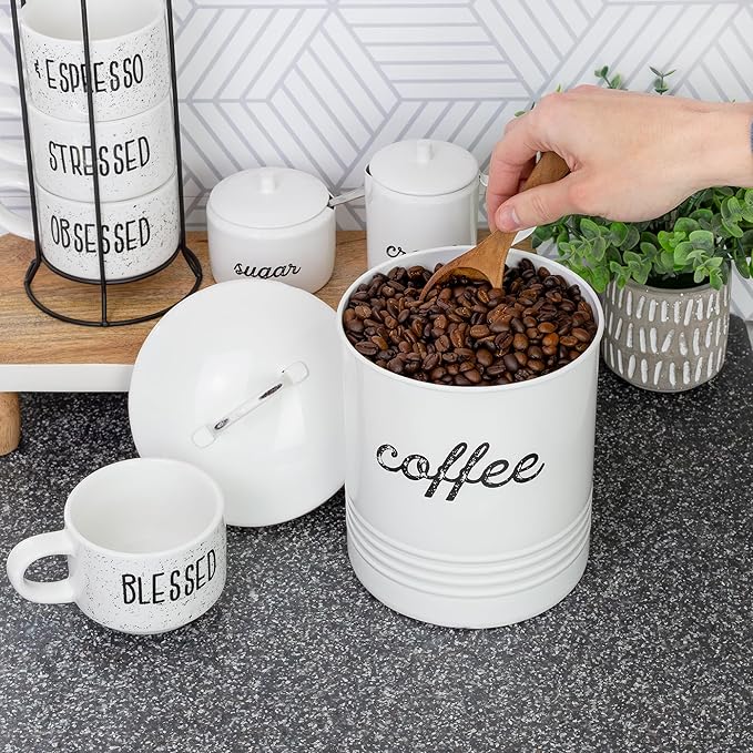 AuldHome Design Enamelware White Coffee Canister; Rustic Distressed Style Tea Storage for Kitchen