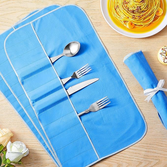 6 Pieces Silver Storage Bags Anti Tarnish Silver Protector Bags Blue Holder for Flatware Storage Organizer Place Setting Roll with White Ribbon for Kitchen Utensils