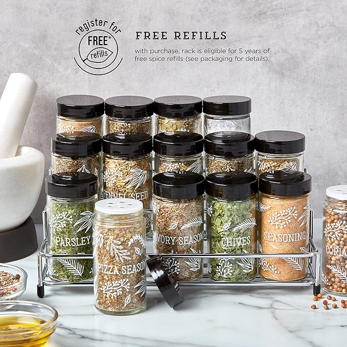 Kamenstein 15 Jar Lincoln Countertop Spice Rack with Spices Included, FREE Spice Refills for 5 Years, Chrome with Black Caps , 9.5 x 5.8 x 9