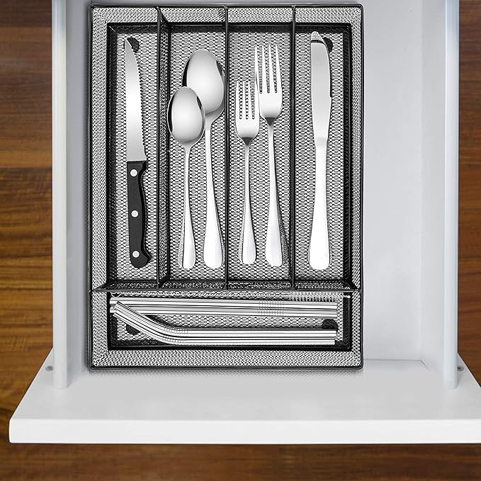 E-far Silverware Drawer Organizer, Mesh Wire Utensil Tray Drawer Organizer for Kitchen, Black Narrow Metal Flatware Cutlery Holder/Divider, 5 Compartment & Small Size - 12.5 x 9.25-Inch