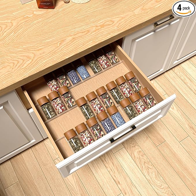 Spice Drawer Organizer with Labels, 4 Tier 4 Pack Seasoning Organizer Rack, Clear Plastic Storage Trays with Angled Dividers for Dressing Table,Bathroom (Not Jars/Expandable From 13 to 26")