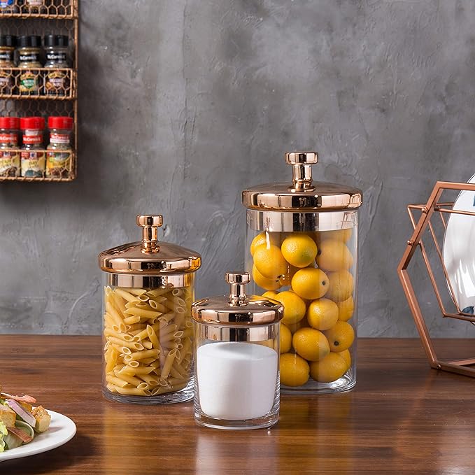 MyGift Glass Apothecary Cookie Jar Set with Copper Lid - Decorative Kitchen and Bath Storage Canisters, Wedding Centerpiece Jars, Candy Buffet with Lids