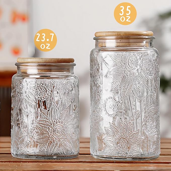 Glass Storage Jars With Airtight Lid, 35oz Canister For Kitchen Counter with Bamboo Lid, brown sugar, candy, coffee, cookie, salt, tea,pantry cute Jar (35oz Large Begonia Flowers)