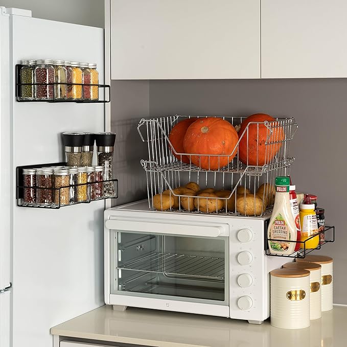 Strong Magnetic Spice Rack For Refrigerator, Large Size Space Saving Organizer, Durable Shelf for Oven, Fridge - 4 Pack - Iron - Black