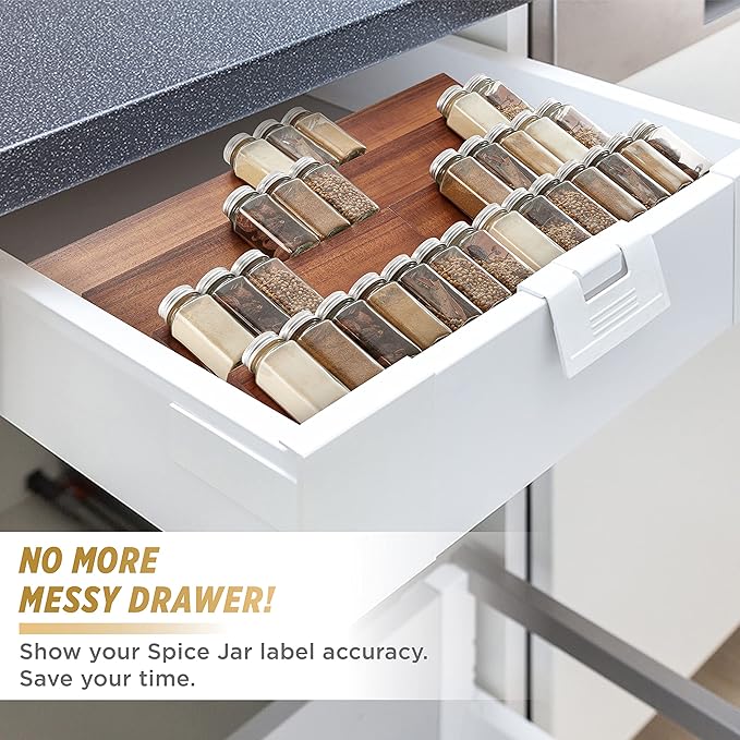 Tinamo Wood Spice Drawer Organizer - Acacia Wooden Tray Spice Racks Organizer for Cabinet Storage Shelf - 4 Tier Spice Rack Organizer for Drawer 64 Jars (Pack 8)