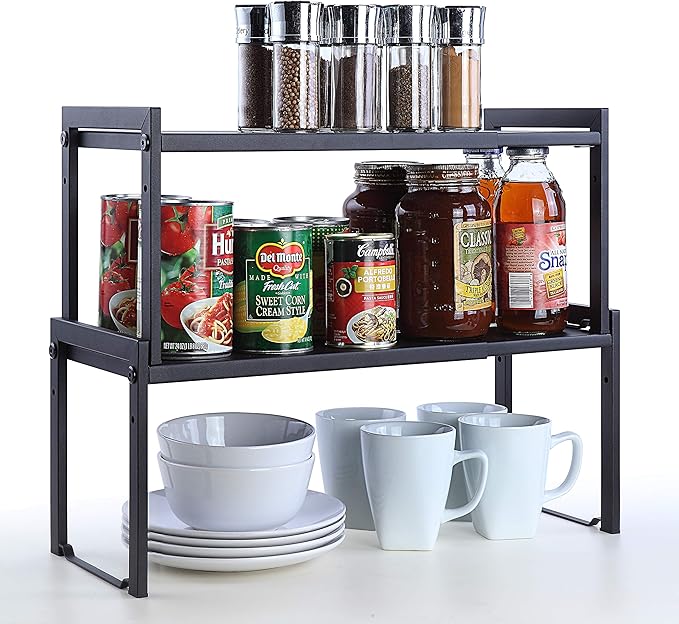 SunnyPoint Expandable Cabinet Storage Rack - Tabletop Storage Spice Shelf Organizer Rack (M - 15.1"~25.78" W X 7.87" D X 8.46" H, BLACK)