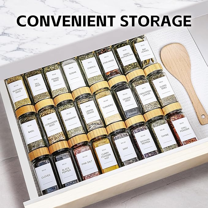 Spice Jars, 24 Pcs 4oz Seasoning Jars with Label, Glass Jars with Bamboo Lids, Spice Containers Bottles with Pepper Grinder & Stainless Steel Funnel for Seasoning Organizer, Cabinet, Drawer