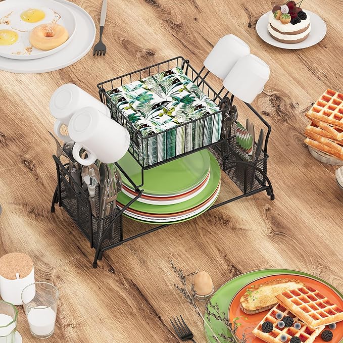 TQVAI 2 Tier Buffet Caddy Silverware Flatware Organizer with Mug Holder for Plates, Utensils, Napkins - Ideal for Kitchen, Dining, Entertaining, Parties, Picnics, Black