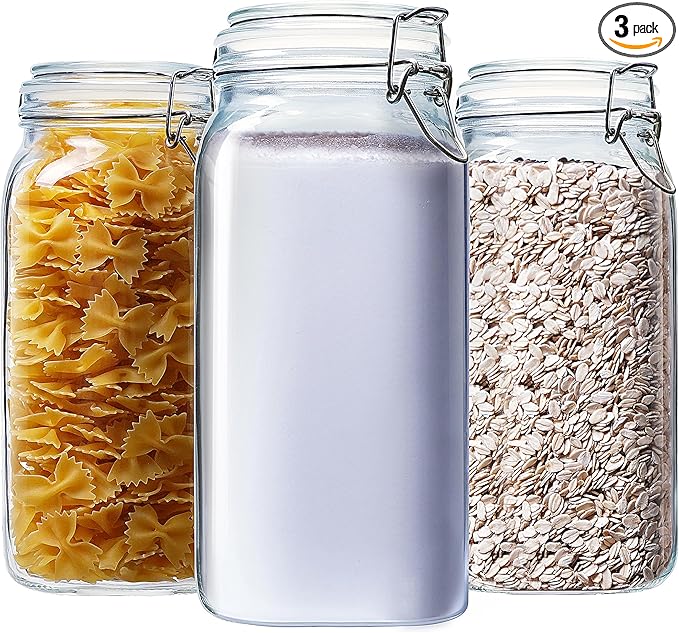 78oz - 3 Pack Square Glass Jars with Airtight Lid, Wide Mouth Mason Jars with Clamp Lids, Air Tight Glass Canisters, Best Food Storage Containers for Flour, Sugar, Cereal, Pasta, Rice, Coffee, Spice