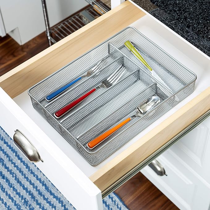Honey-Can-Do KCH-02154 Steel Mesh 5-Compartment Cutlery Utensil Organizer, Silver