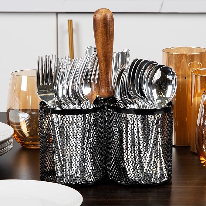 Mind Reader Utensil Holder, Silverware Organizer, Caddy, Cutlery Holder, Kitchen, Metal Mesh, 7.5"L x 7.5"W x 9.75"H, Black