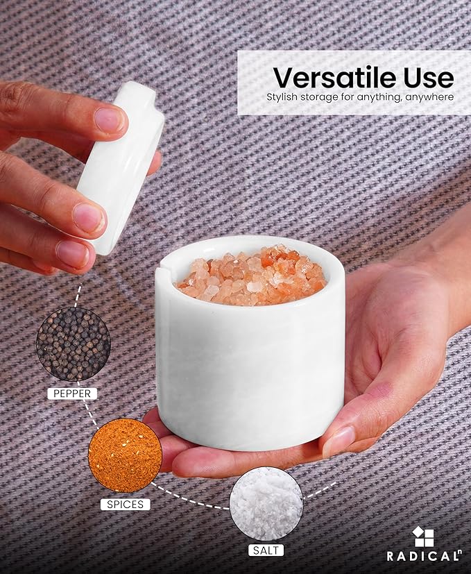 Radicaln Marble Salt Cellar With Lid 3" Inches Handmade White and Marinara Stone Salt Container For Kitchen Ideal Holder With Lid, Spice jar & Salt Cellar Set of 2 With Tray