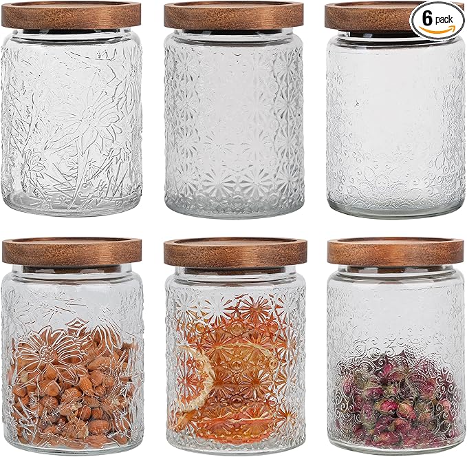 6 Pack 24oz Vintage Glass Jar with Wooden Lid – BPA-Free, Airtight Food Storage Canister for Kitchen Counter, Pantry, Coffee, Sugar, Spices & Dry Foods