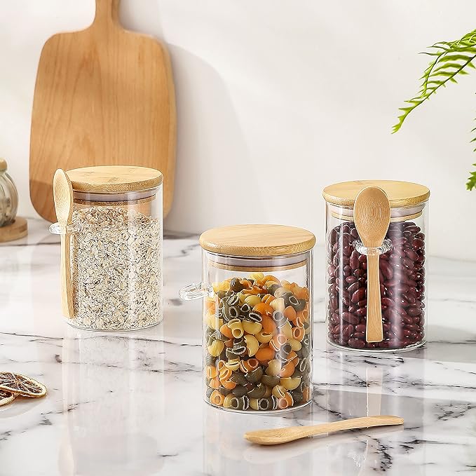 Set of 3 Airtight Glass Jars with Bamboo Lids and Spoon,17 oz Classy Canisters with Spoon,Glass Food Jars with Spoon for Coffee Beans,Tea,Flour,Sugar,Nuts,Candy