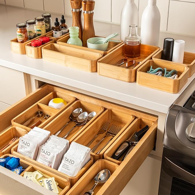 SMIRLY Set of 5 Bamboo Kitchen Drawer Organizer,Multi-use Wood silverware organizer,Drawer divider for Office,Bathroom, Nightstand, Jewelry, Cutlery, Makeup, Spice
