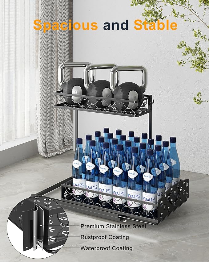 2 Pack Under Sink Organizer, Adjustable Height Metal Under Kitchen Cabinet Organizer, 2-Tier Sliding Shelf Storage, Multi-Use for Under Kitchen Bathroom Sink Organizers and Storage, Black